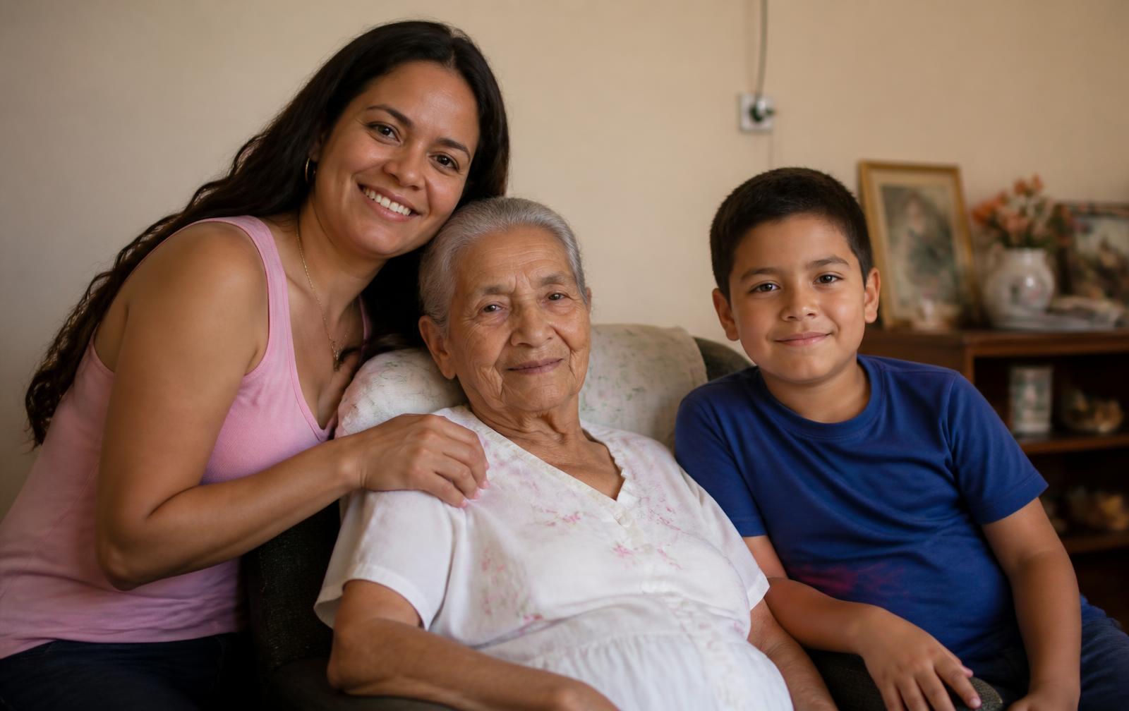 Família brasileira reunida em casa, com uma senhora idosa acolhida pela filha e pelo neto