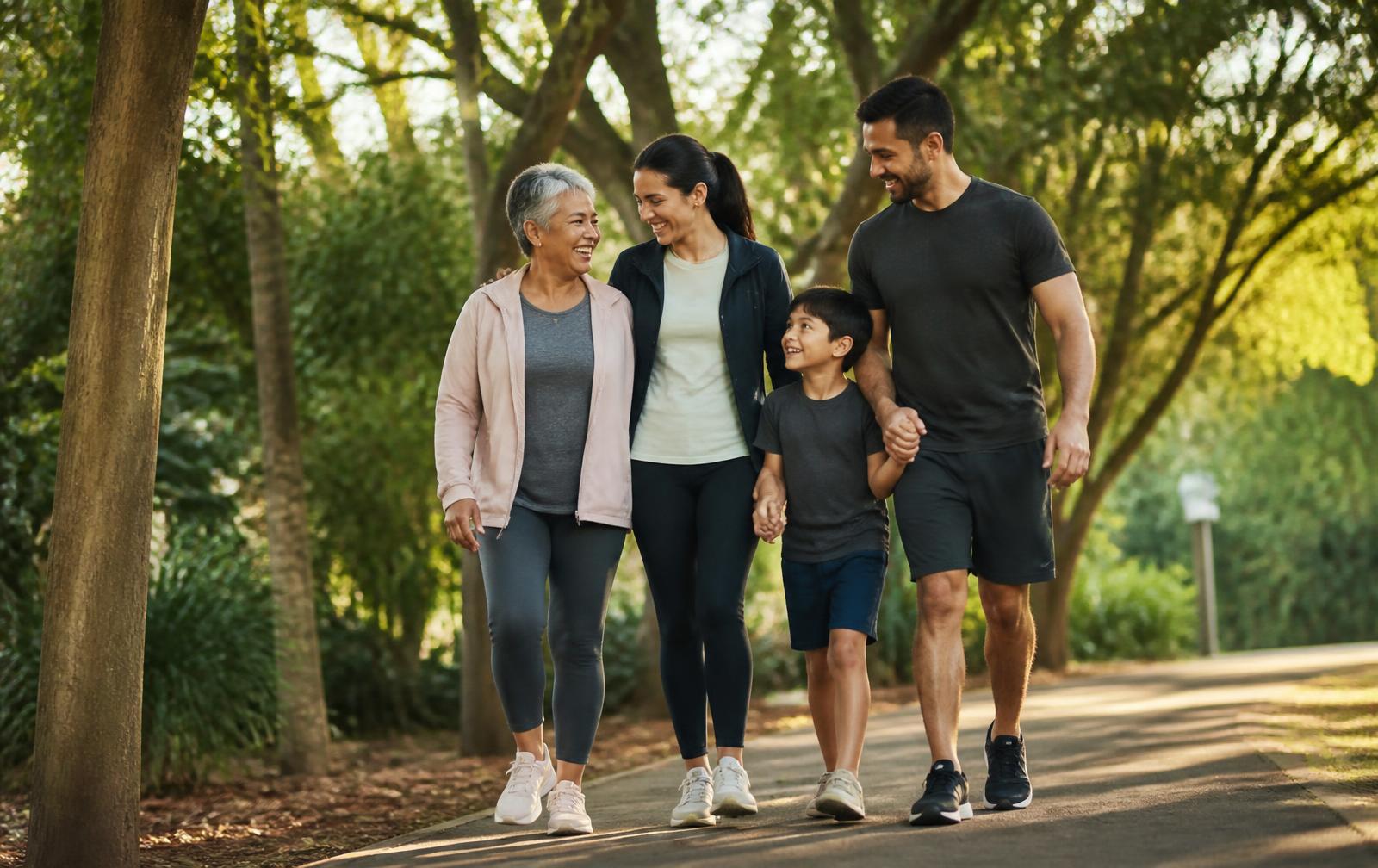 Família brasileira de três gerações caminhando junta em um parque