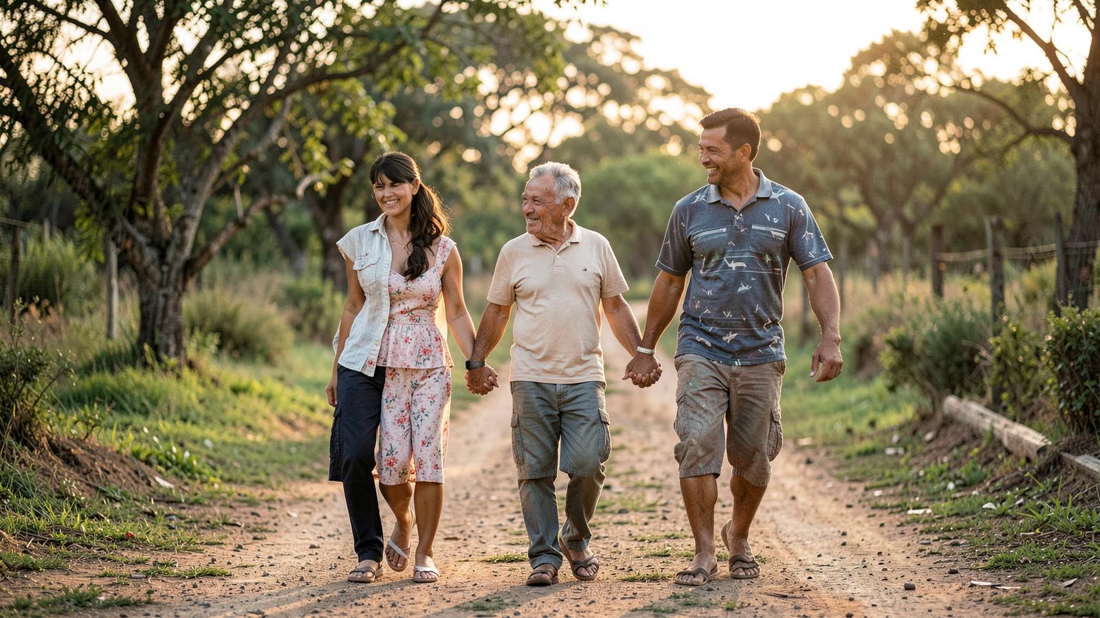 Família caminhando junta ao entardecer